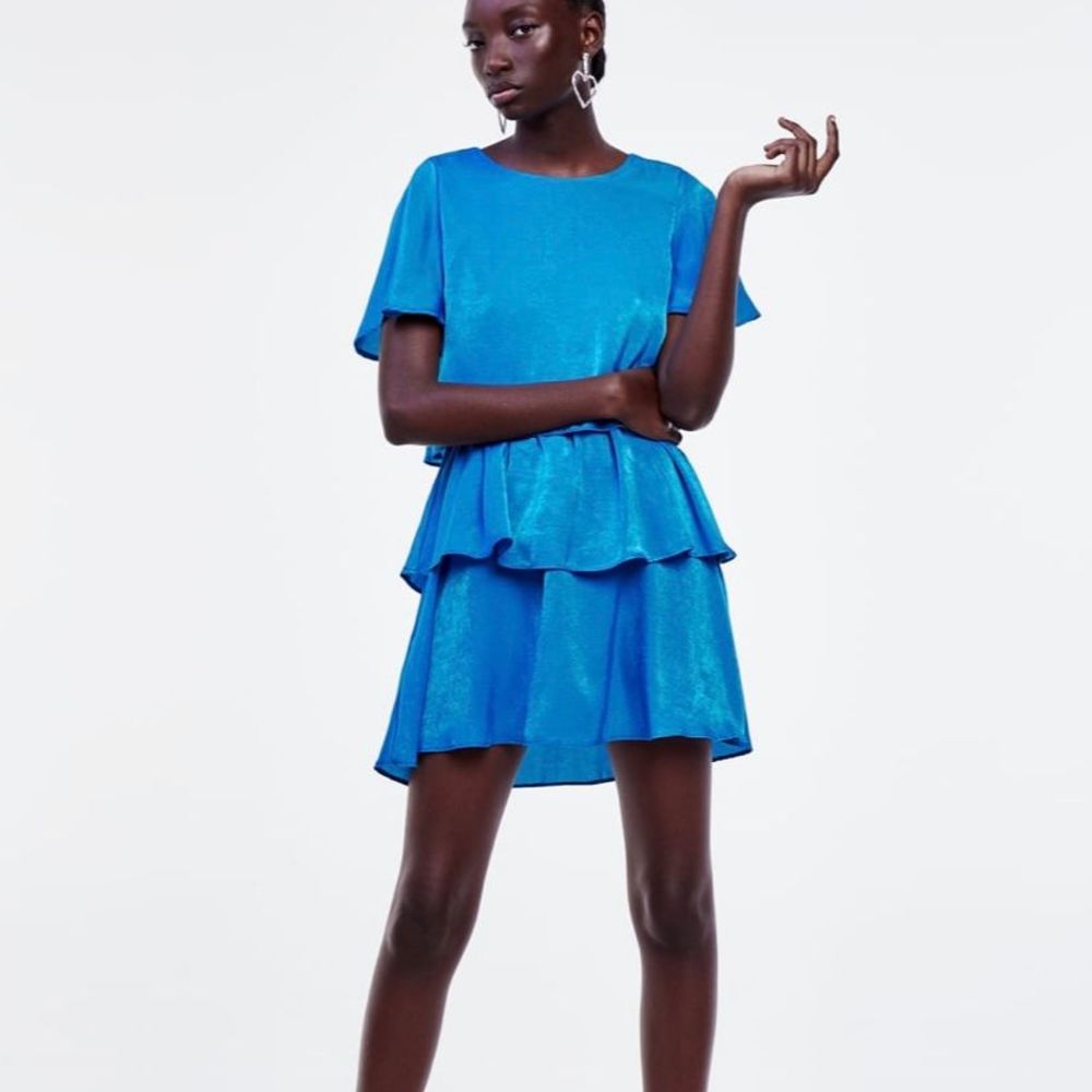 NWT Zara blue satin ruffle tiered mini dress